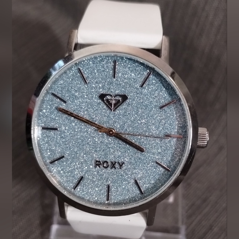 Vintage ROXY "The Royal" Watch, White Silicone Band & Silver Shimmer Dial
